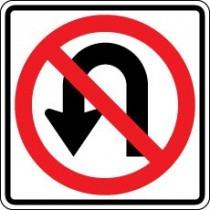 No U-turn traffic sign with a red circle and line over a black U-turn symbol on a white background.