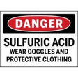 Warning sign for sulfuric acid with text 'Danger Sulfuric Acid Wear Goggles and Protective Clothing'.