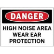 Warning sign indicating a high noise area requiring ear protection.