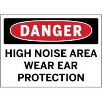 Warning sign indicating a high noise area requiring ear protection.