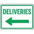 Sign with 'DELIVERIES' text and an arrow pointing to the left on a white background