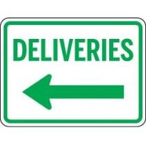 Sign with 'DELIVERIES' text and an arrow pointing to the left on a white background