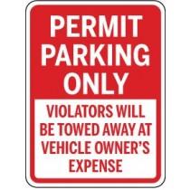 Red and white parking sign with text about permit parking and towing.