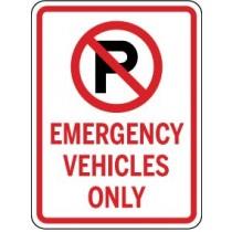 No parking sign with 'Emergency Vehicles Only' text on a white background