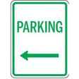 Parking sign with an arrow pointing left on a white background