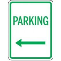 Parking sign with an arrow pointing left on a white background