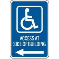 Handicap access sign with wheelchair icon and text on a white background