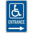Handicap entrance sign with blue background and white text and icon