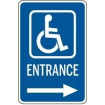 Handicap entrance sign with blue background and white text and icon