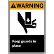 Safety sign with a warning symbol and text 'Keep guards in place' on a white background.