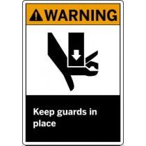 Safety sign with a warning symbol and text 'Keep guards in place' on a white background.