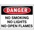 Safety sign with 'Danger' warning about no smoking, no lights, and no open flames.