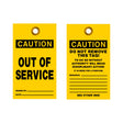 Two yellow warning tags with black text on a white background