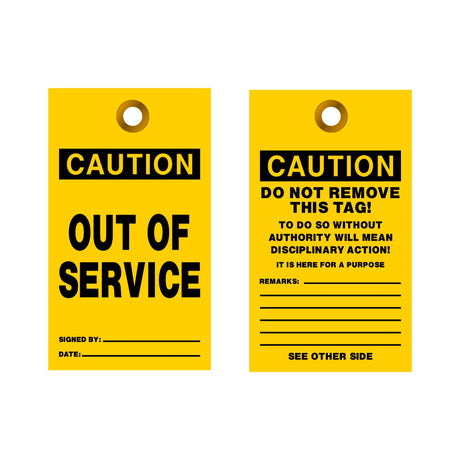 Two yellow warning tags with black text on a white background