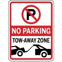 No parking sign with tow-away zone text and symbols.