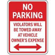 No parking sign with text and arrows on a red background