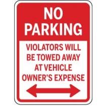 No parking sign with text and arrows on a red background