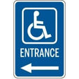 Handicap entrance sign with blue background and white text and icon