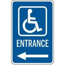 Handicap entrance sign with blue background and white text and icon