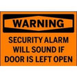 Orange warning sign with black text about security alarm