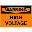 High voltage warning sign with black text on an orange background