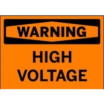 High voltage warning sign with black text on an orange background