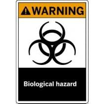 Warning sign with biohazard symbol and text on a white background