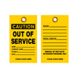 Two yellow tags with black text, one displaying 'Caution Out of Service' and the other with fields for reason, special condition, and authorized personnel details.
