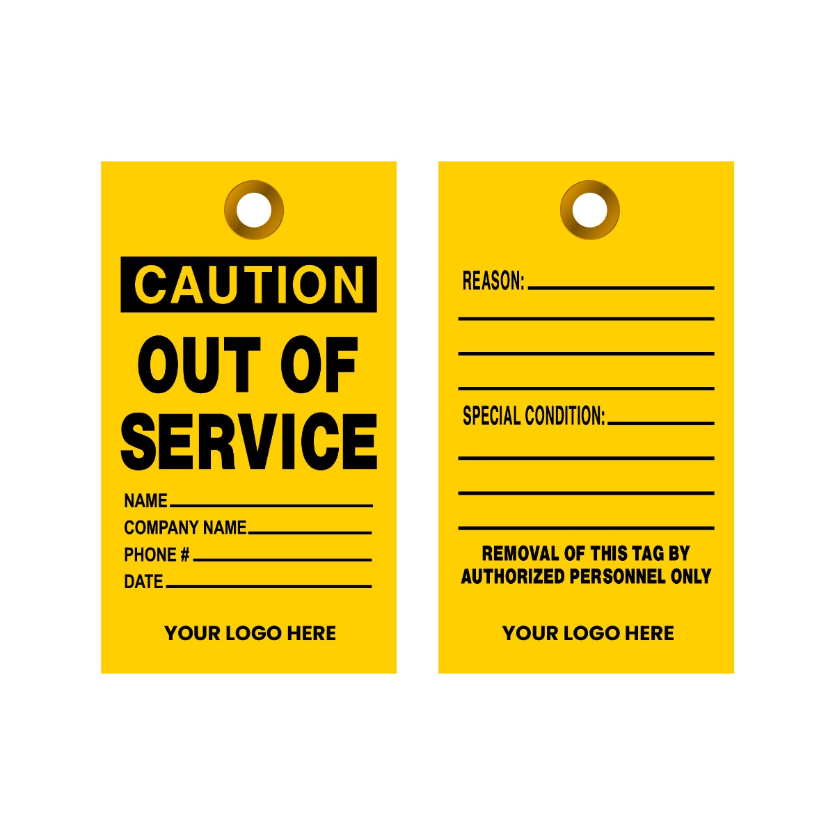Two yellow tags with black text, one displaying 'Caution Out of Service' and the other with fields for reason, special condition, and authorized personnel details.