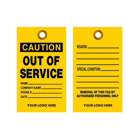 Two yellow tags with black text, one displaying 'Caution Out of Service' and the other with fields for reason, special condition, and authorized personnel details.