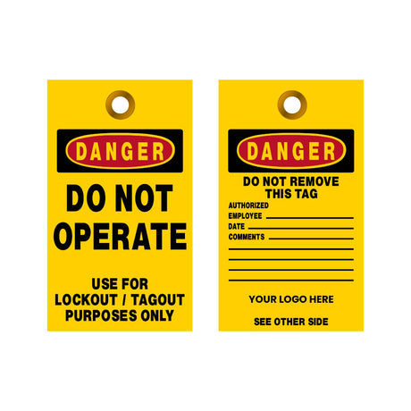 Two yellow safety tags with black text on a white background