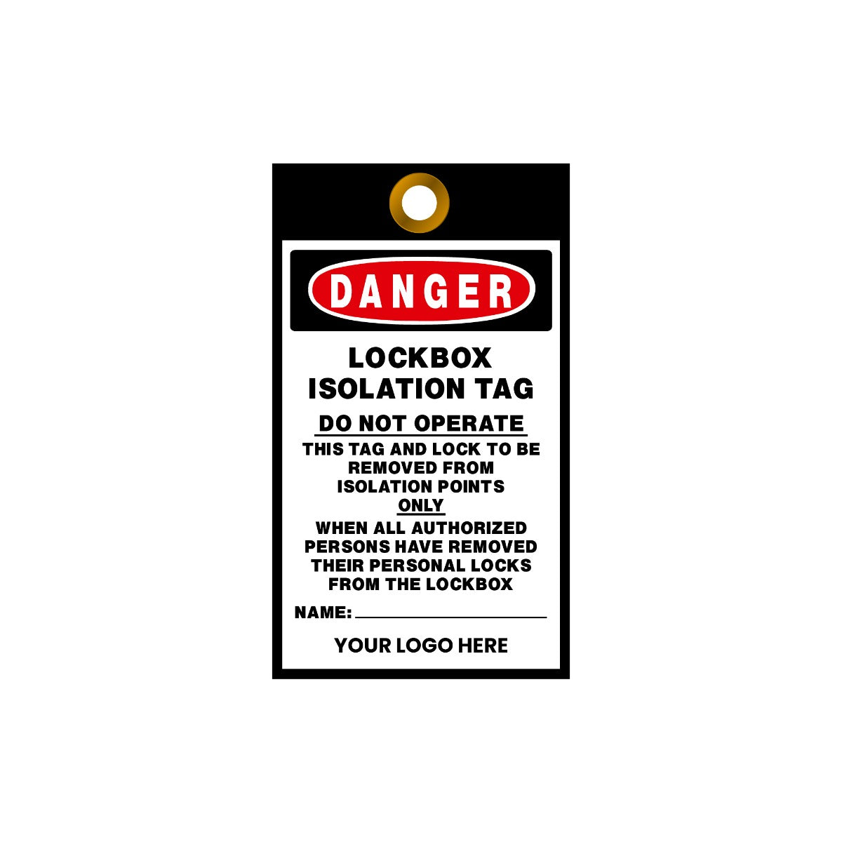 Lockbox isolation tag with danger warning on a white background