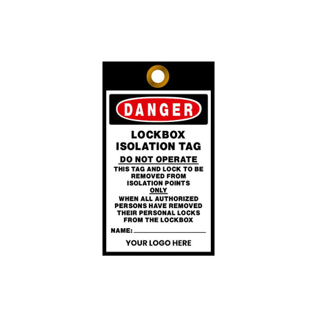 Lockbox isolation tag with danger warning on a white background