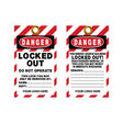 Two lockout/tagout (LOTO) tags with red and white striped border and 'DANGER' label on a white background.
