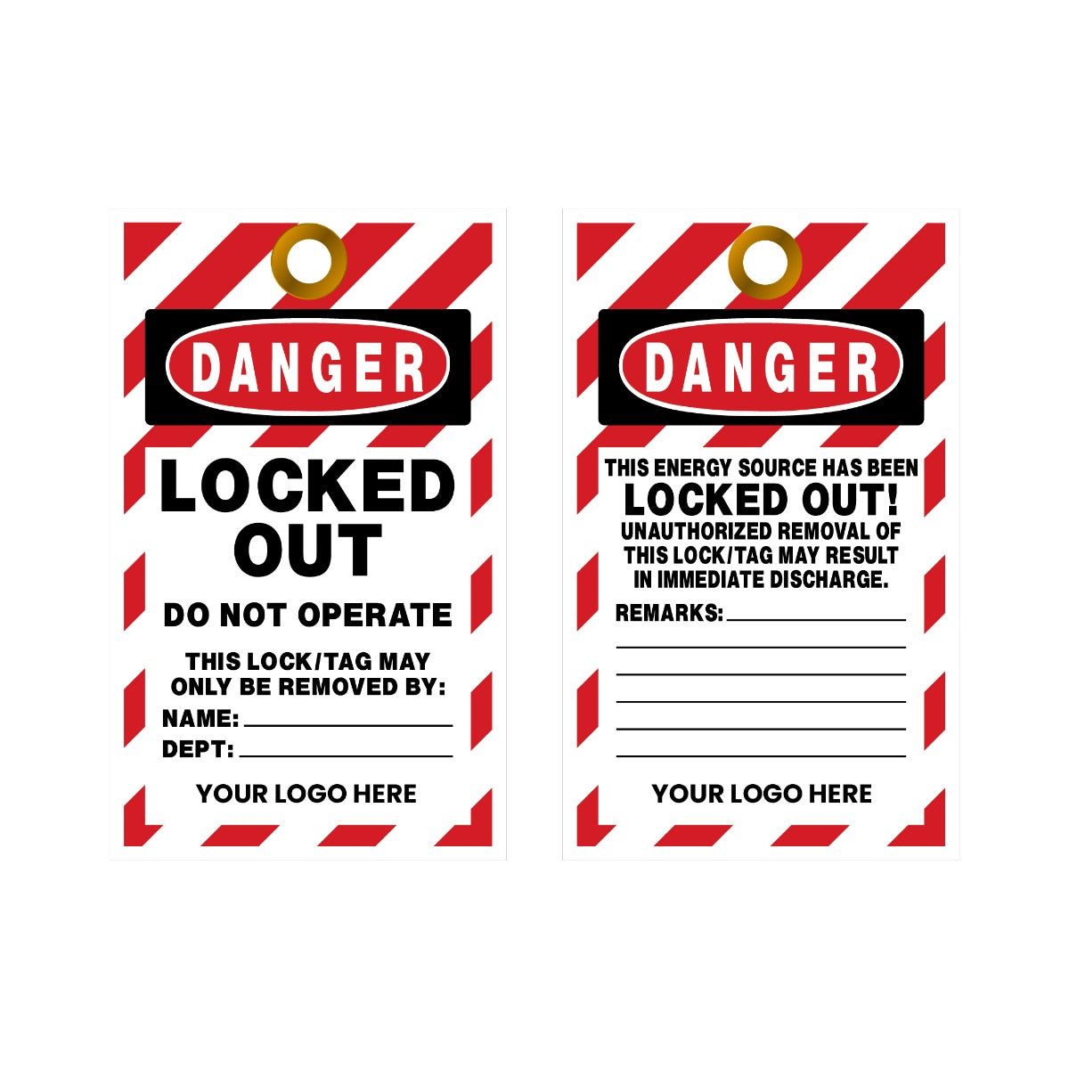 Two lockout/tagout (LOTO) tags with red and white striped border and 'DANGER' label on a white background.