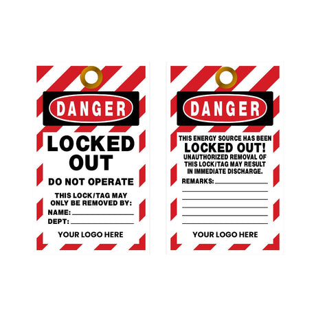 Two lockout/tagout (LOTO) tags with red and white striped border and 'DANGER' label on a white background.