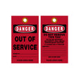 Two red 'Out of Service' tags with black text on a white background