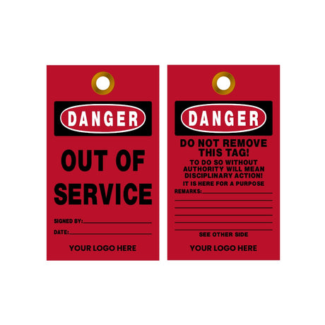 Two red 'Out of Service' tags with black text on a white background
