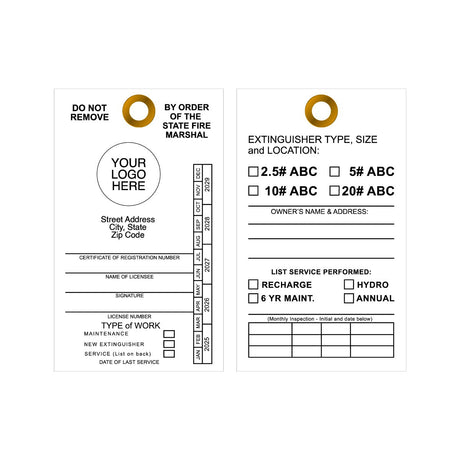 Extinguisher inspection tag with space for logo, text, and checkboxes on a white background
