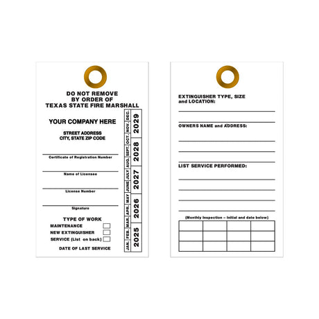 Extinguisher inspection tag with text and fields for information on a white background