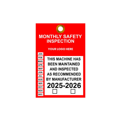 Red safety inspection tag with customizable text on a white background