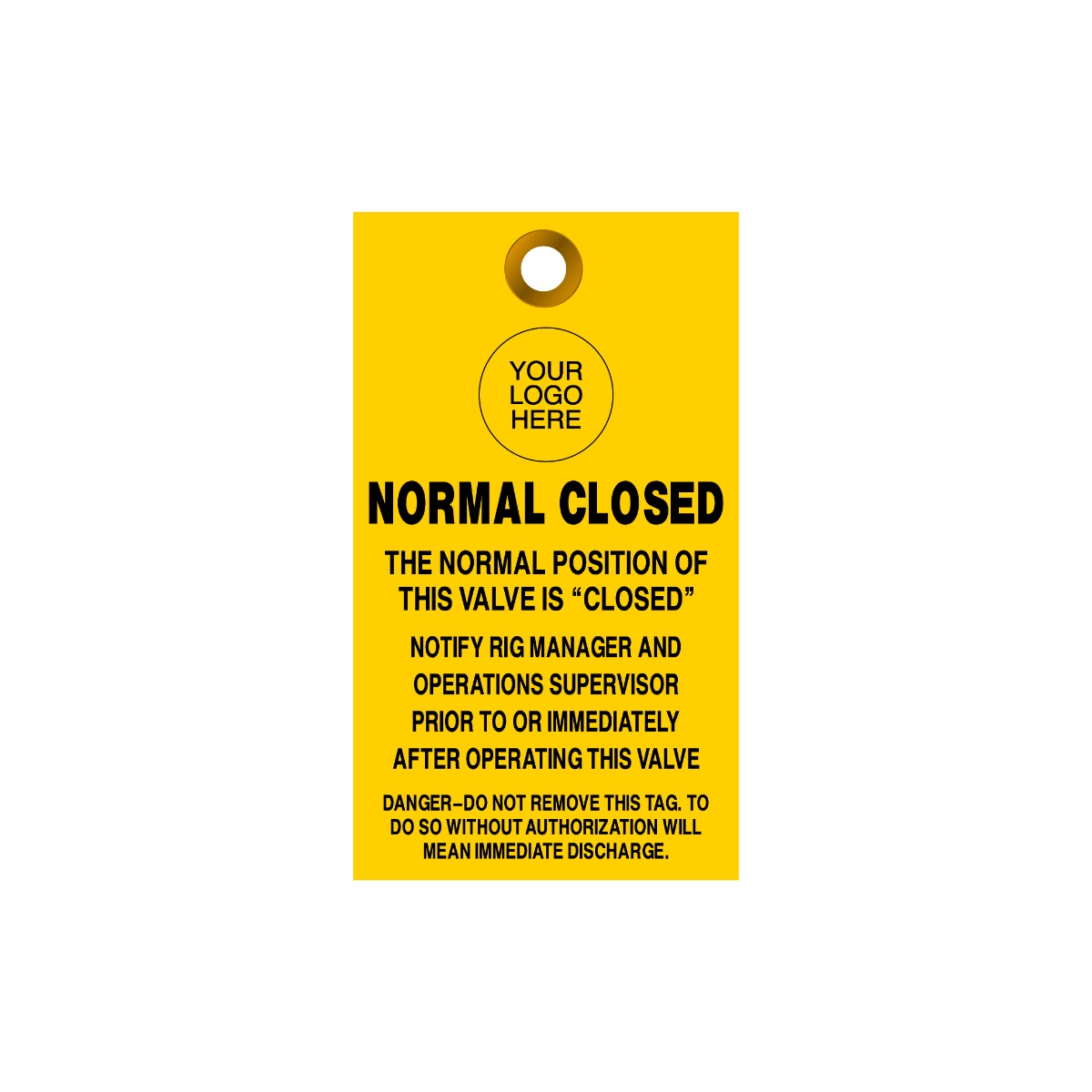 Yellow tag with black text and a logo placeholder on a white background