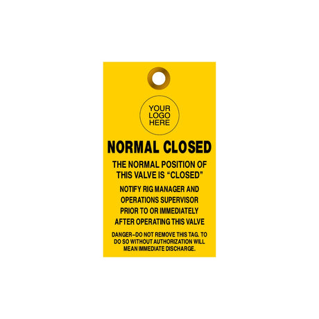 Yellow tag with black text and a logo placeholder on a white background