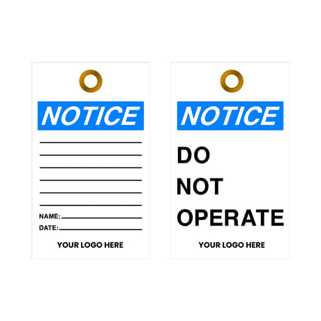 Two safety tags with 'Notice' and 'Do Not Operate' text on a white background.
