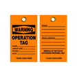 Two orange warning tags with black text on a white background