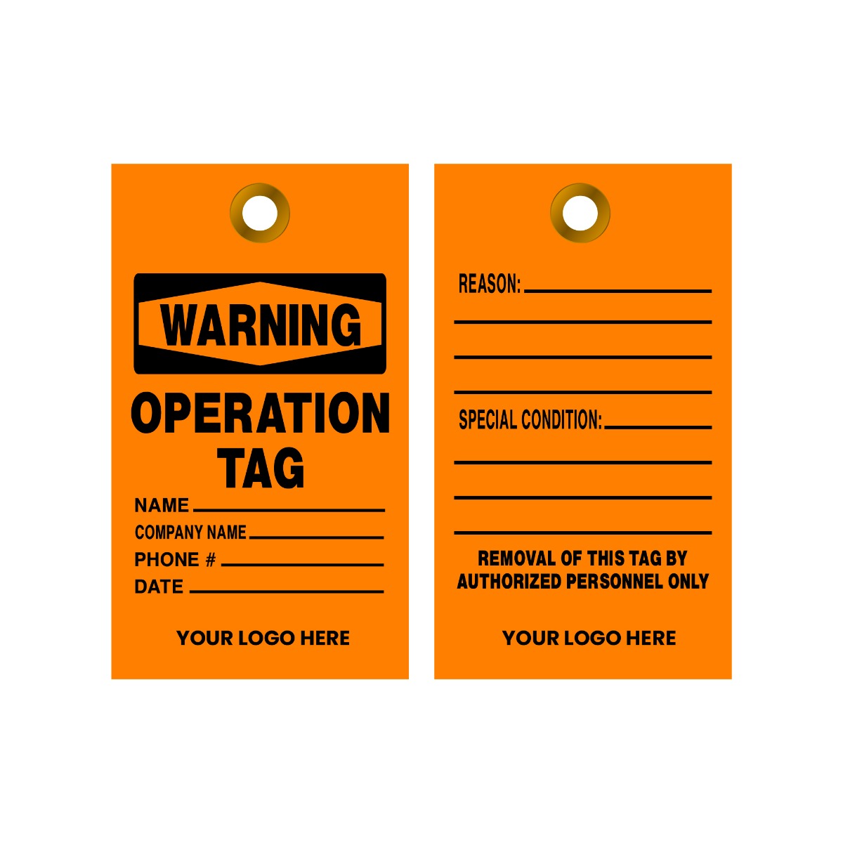 Two orange warning tags with black text on a white background