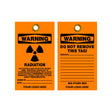 Two orange warning tags with black text and radiation symbol on a white background