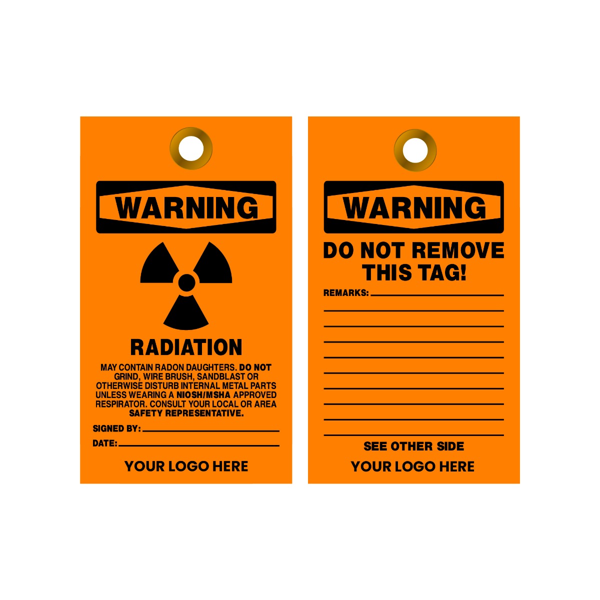 Two orange warning tags with black text and radiation symbol on a white background