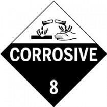 Corrosive material warning sign with black text and symbols on a white background