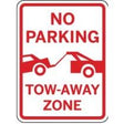 No parking tow-away zone sign with red text and symbols on a white background